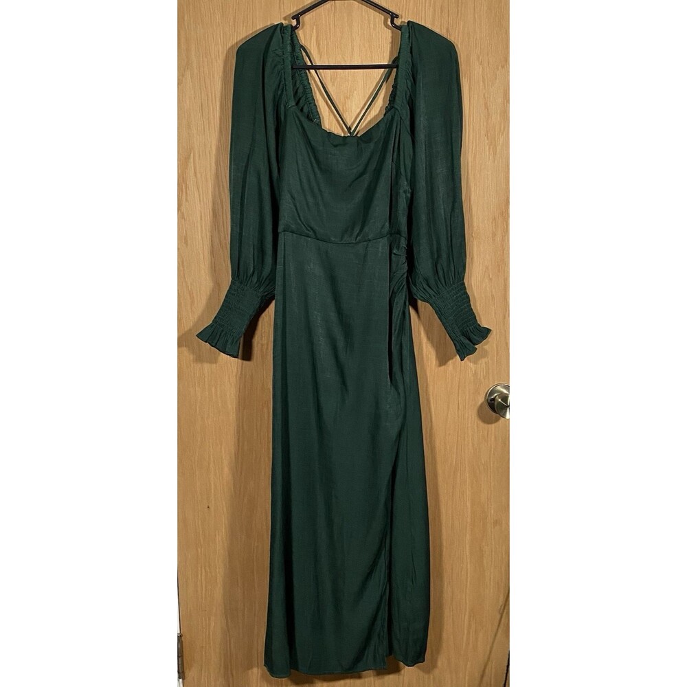 Frnch Paris Forest Green Midi Milkmaid Dress Ruched Coquette WhimsiGoth Sz M